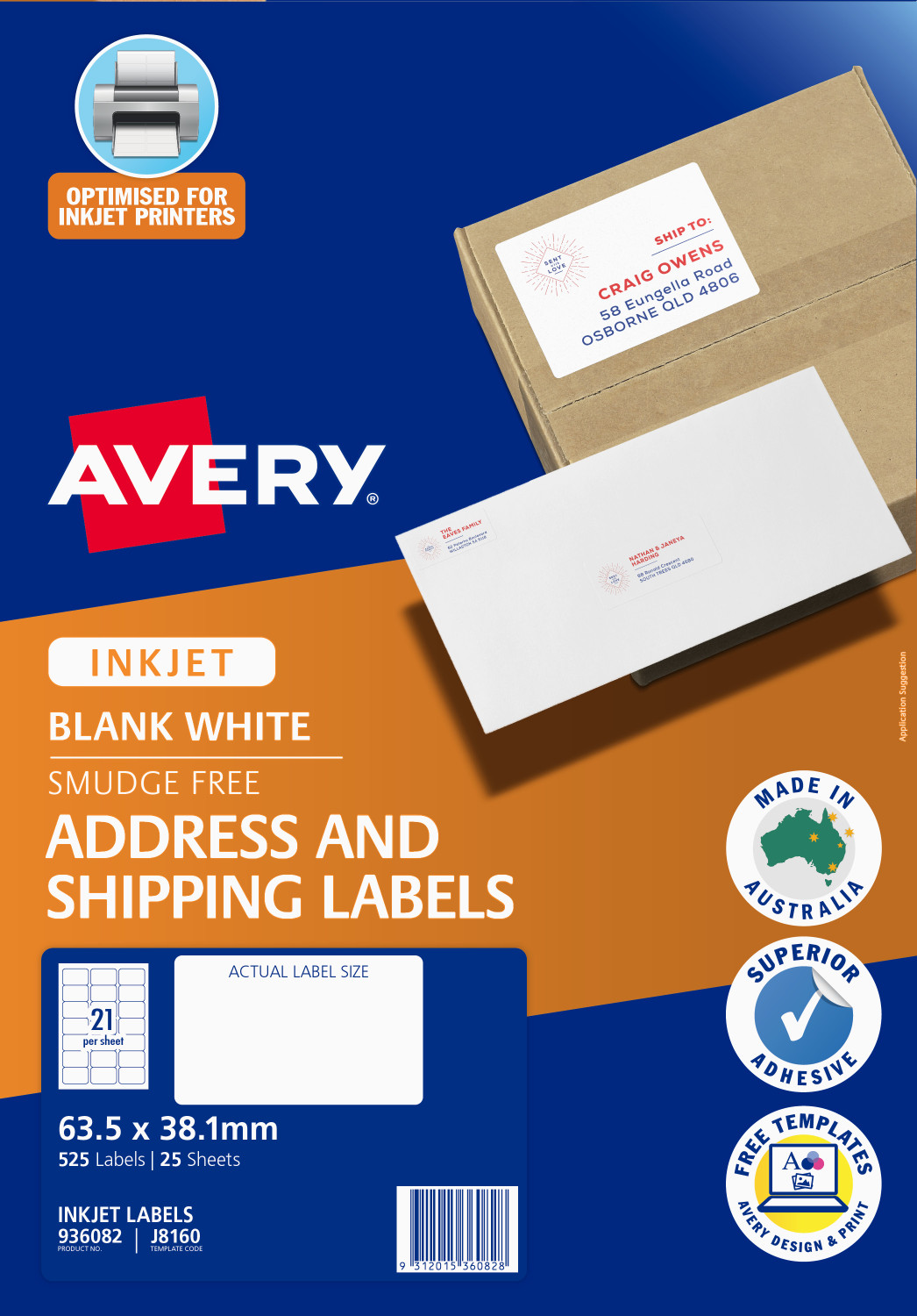 Avery Quick Peel Address Labels - 63.5 x 38.1mm 21UP - 525 Labels - Pack of 25
