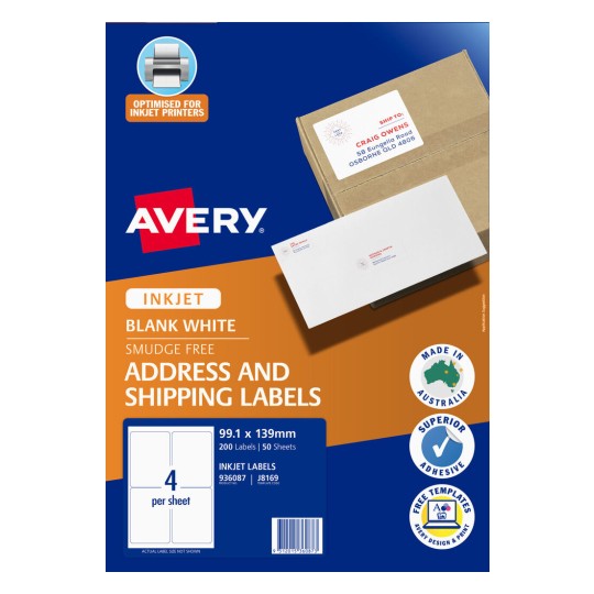 Avery Inkjet Shipping Labels - 99.1 x 139 mm - 4UP - Pack of 50
