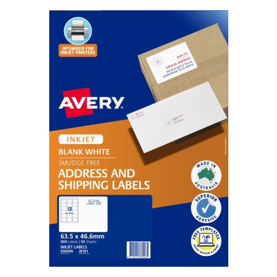 Avery Quick Peel Address Labels with Sure Feed - 63.5 x 46.4 mm 18UP - 900 Labels - 50 Sheets