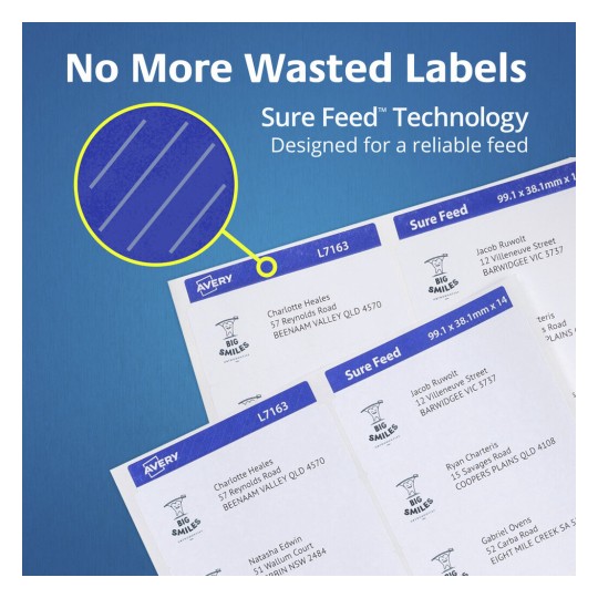 Avery Quick Peel Address Labels with Sure Feed - 63.5 x 38.1 mm 21UP - 1050 Labels - 50 Sheets