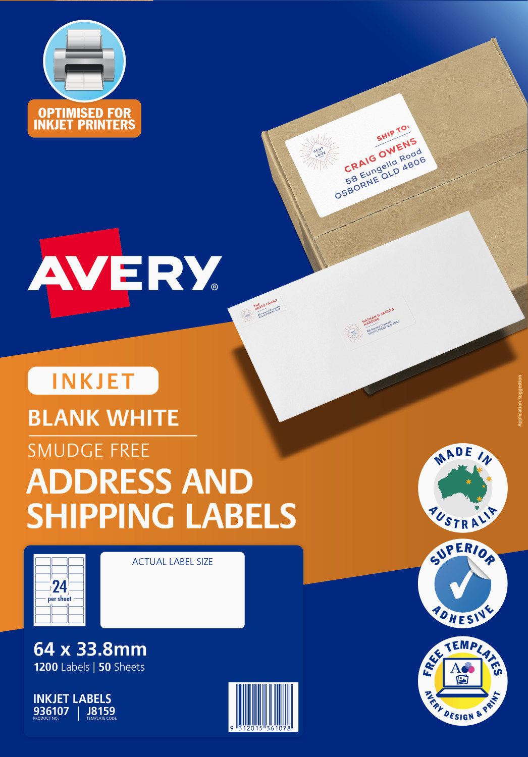 Avery Quick Peel Address Labels 64 x 33.8mm 24UP - 1,200 Labels - 50 Sheets