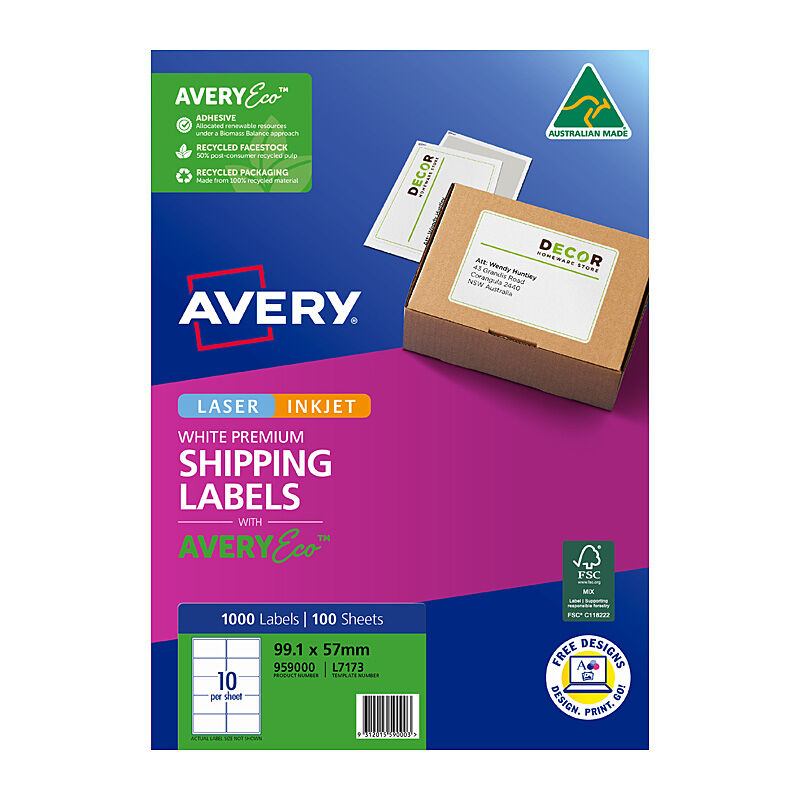 Avery Premium Shipping Labels with AveryEco L7173 - 99.1 x 57 mm 10UP - 1000 Labels - 100 Sheets