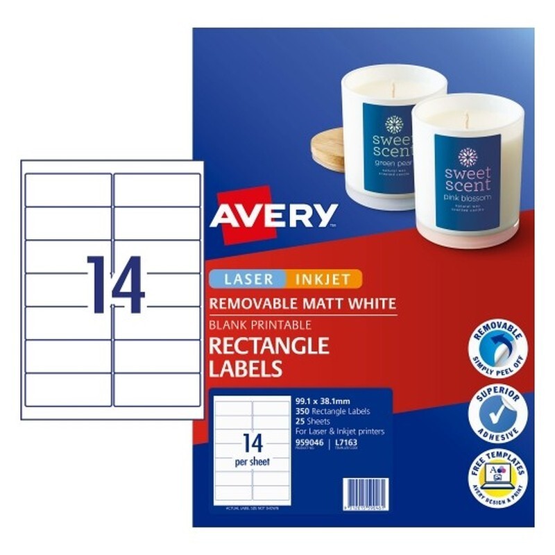 Avery Removable Multi-purpose Labels - 99.1 x 38.1 mm 14UP - 350 Labels - 25 Sheets