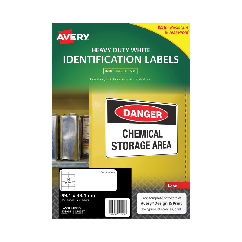 Avery White Heavy Duty Labels - 99.1 x 38.1 mm 14UP - 350 Labels - 25 Sheets
