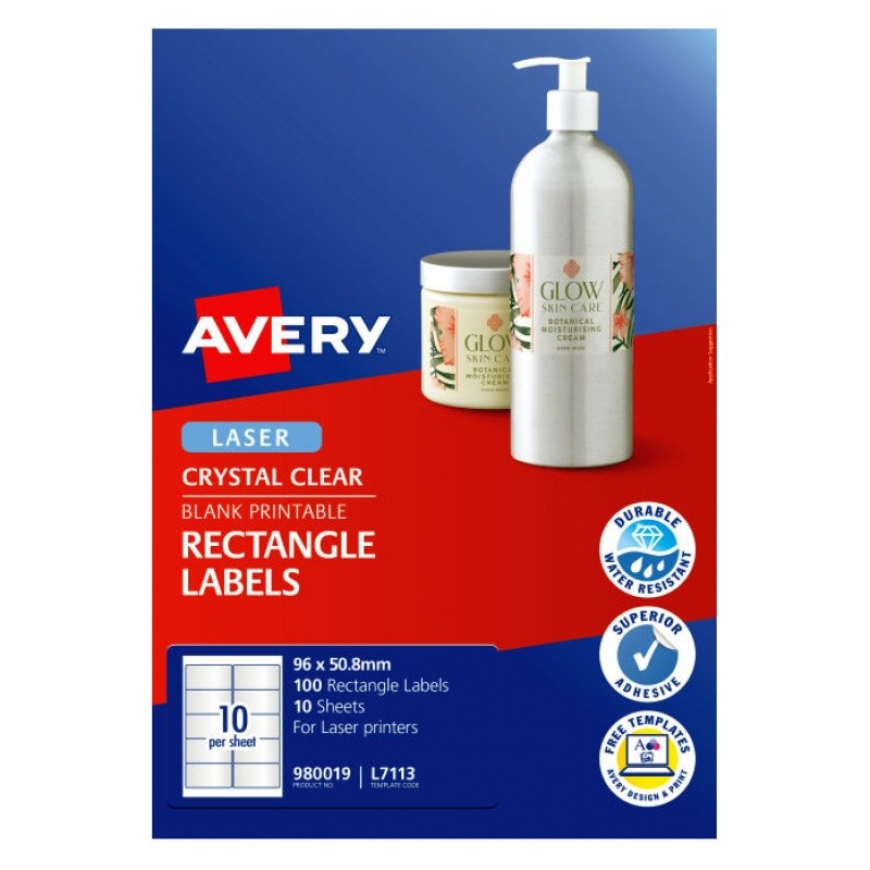 Avery Crystal Clear Rectangle Labels 96 x 50.8 mm, 100 Labels Avery Crystal Clear Rectangle Labels 96 x 50.8 mm, 100 Labels