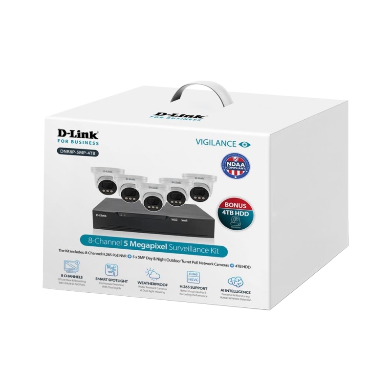 D-Link DNR8P-5MP-4TB Vigilance Surveillance Kit 8CH NVR & 5 x 5MP Turret Cameras - 4TB HDD