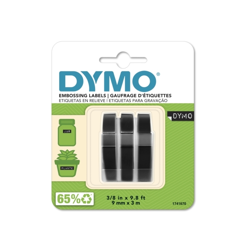 DYMO 1741670 Black Self-Adhesive Embossing Label Rolls - 9mm x 3m, 3 Rolls