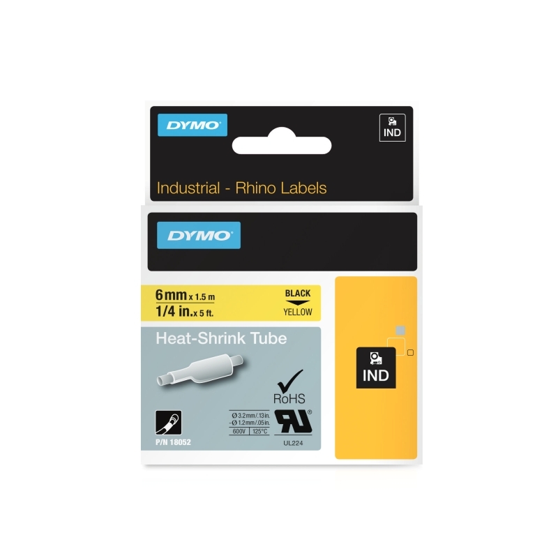DYMO 18052 Black on Yellow Industrial Rhino Heat-Shrink Tube Label Tape - 6mm x 1.5m