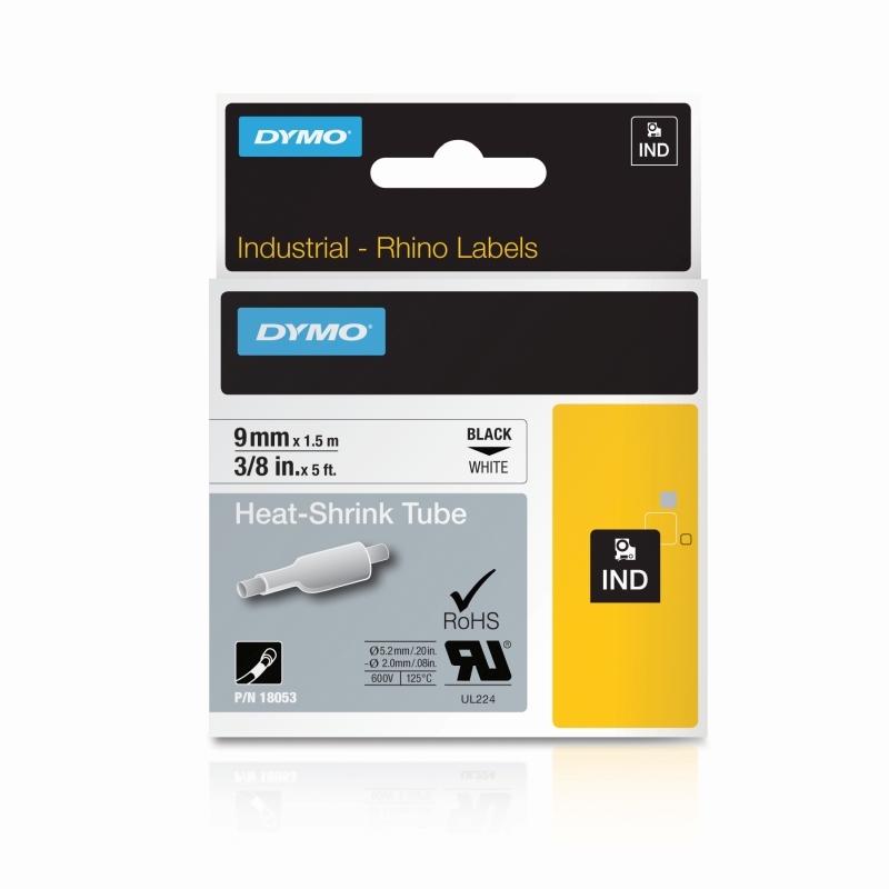 DYMO 18053 Black on White Industrial Rhino Heat-Shrink Tube Label Tape - 9mm x 1.5m