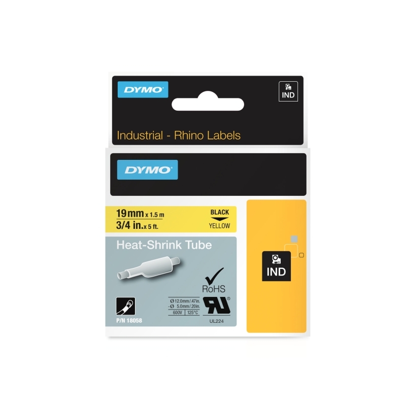 DYMO 18058 Black on Yellow Industrial Rhino Heat-Shrink Tube Label Tape - 19mm x 1.5m