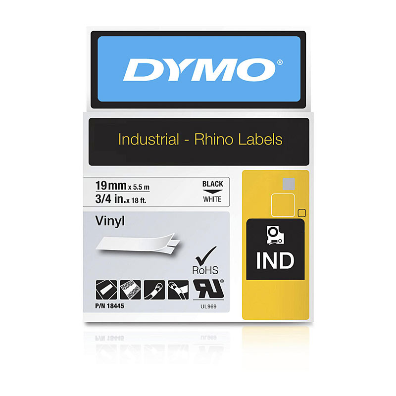 DYMO 18445 Black on White Industrial Rhino Vinyl Label Tape - 19mm x 5.5m