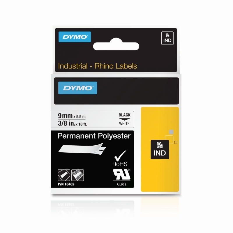 DYMO 18482 Black on White Industrial Rhino Permanent Polyester Label Tape - 9mm x 5.5m