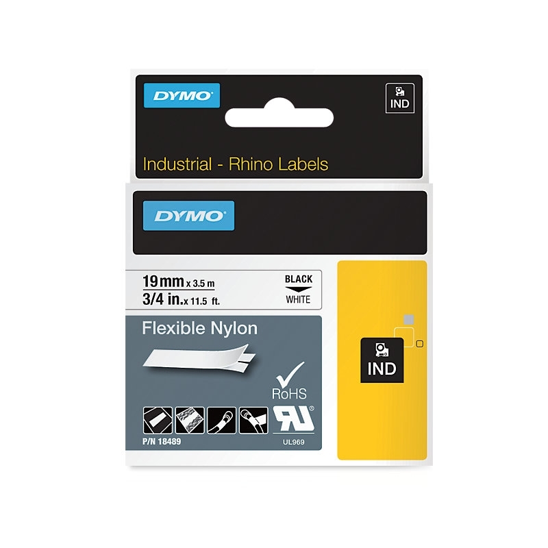 DYMO 18489 Black on White Industrial Rhino Flexible Nylon Label Tape - 19mm x 3.5m