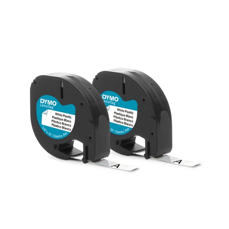 2 Pack DYMO 2191235 Black on White Plastic LetraTag Label Tapes - 12mm x 4m