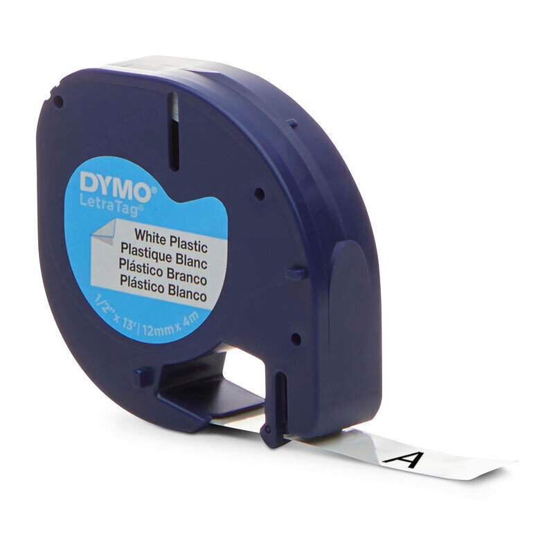 DYMO 91331 Black on White LetraTag Plastic Label Tape - 12mm x 4m
