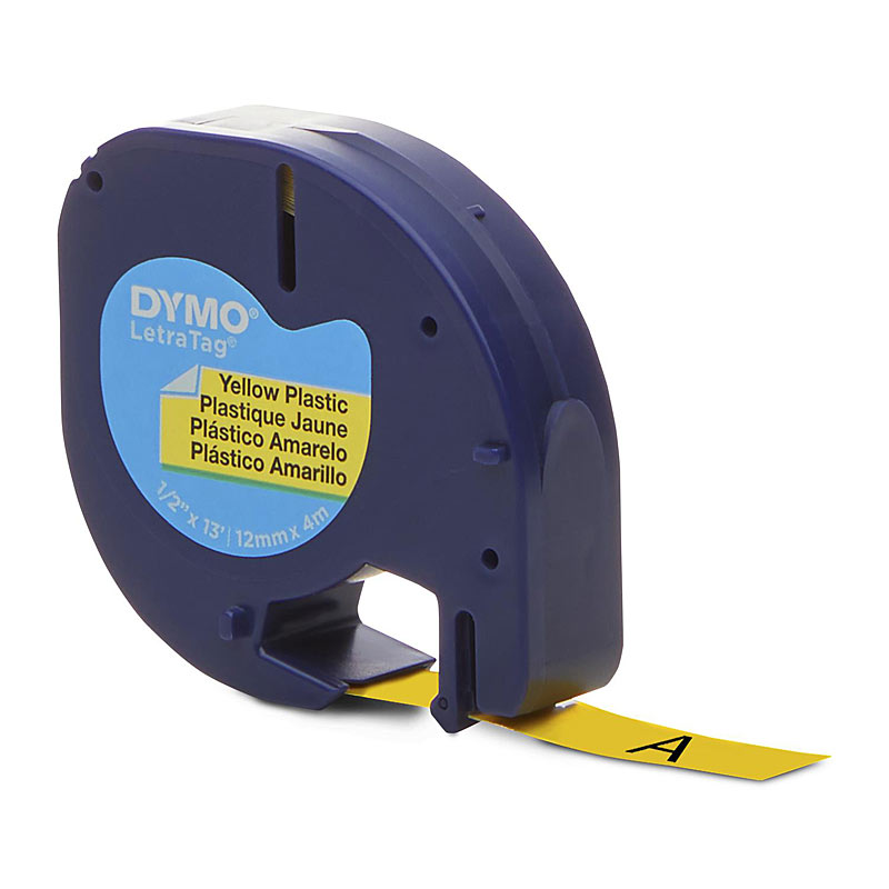 DYMO 91332 Black on Yellow LetraTag Plastic Label Tape - 12mm x 4m, 1 Roll
