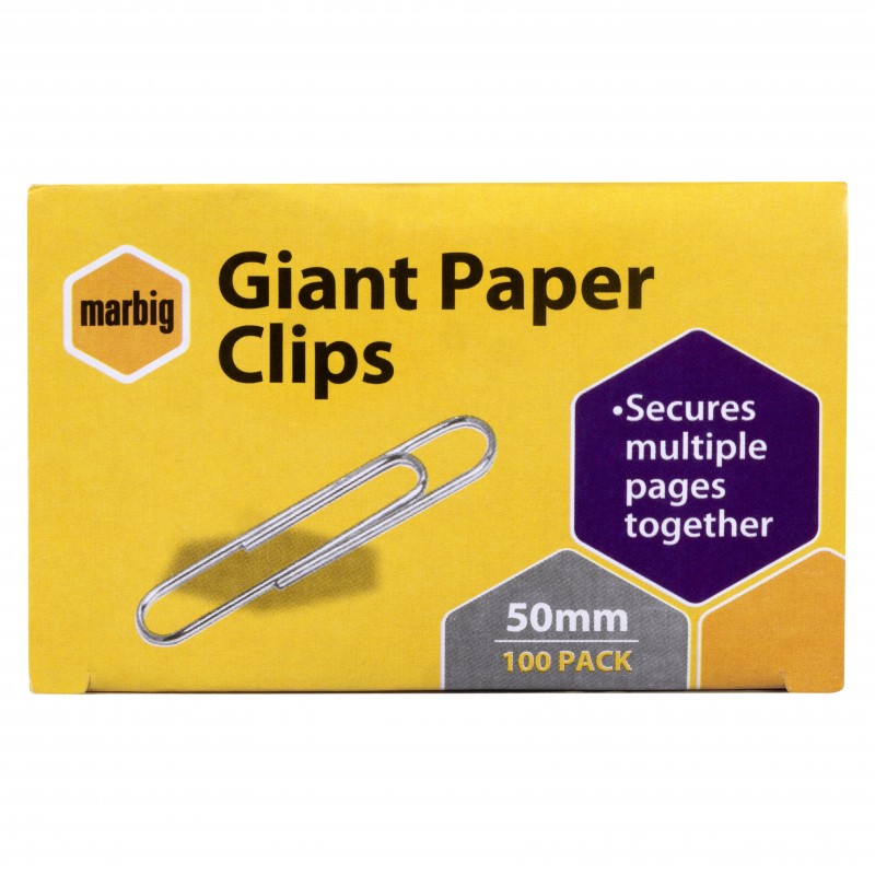 Marbig Giant Paper Clips 50 mm, Box of 100