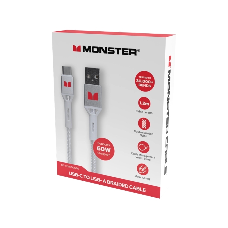 Monster USB-C to USB-A Braided Cable - White 1.2m Monster USB-C to USB-A Braided Cable - White 1.2m