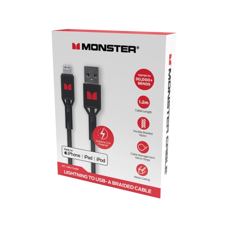 Monster Lightning to USB-A Braided Cable - Black 1.2m