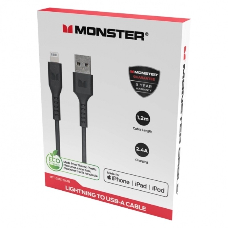 Monster Lightning to USB-A Thermo Plastic Elastometer Cable - Black 1.2m