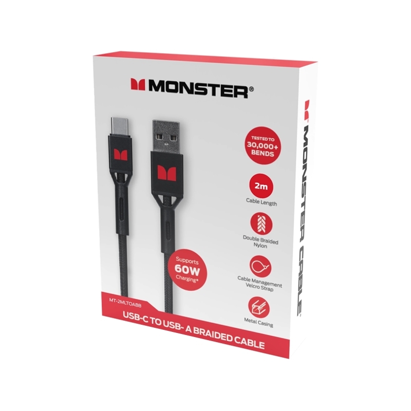Monster USB-C to USB-A Braided Cable - Black 2m Monster USB-C to USB-A Braided Cable - Black 2m