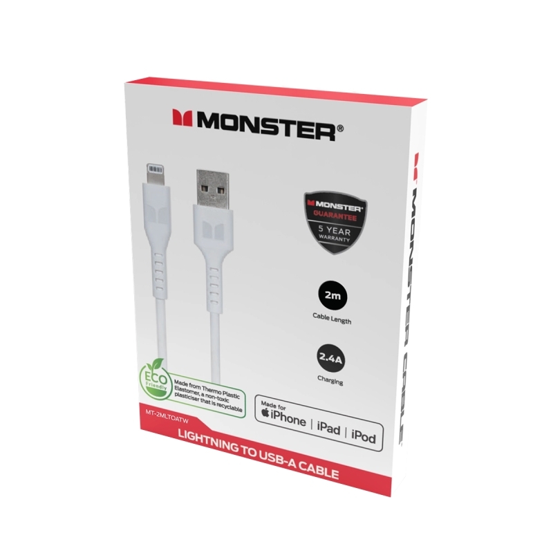 Monster Lightning to USB-A Thermo Plastic Elastometer Cable - White 2m Monster Lightning to USB-A Thermo Plastic Elastometer Cable - White 2m