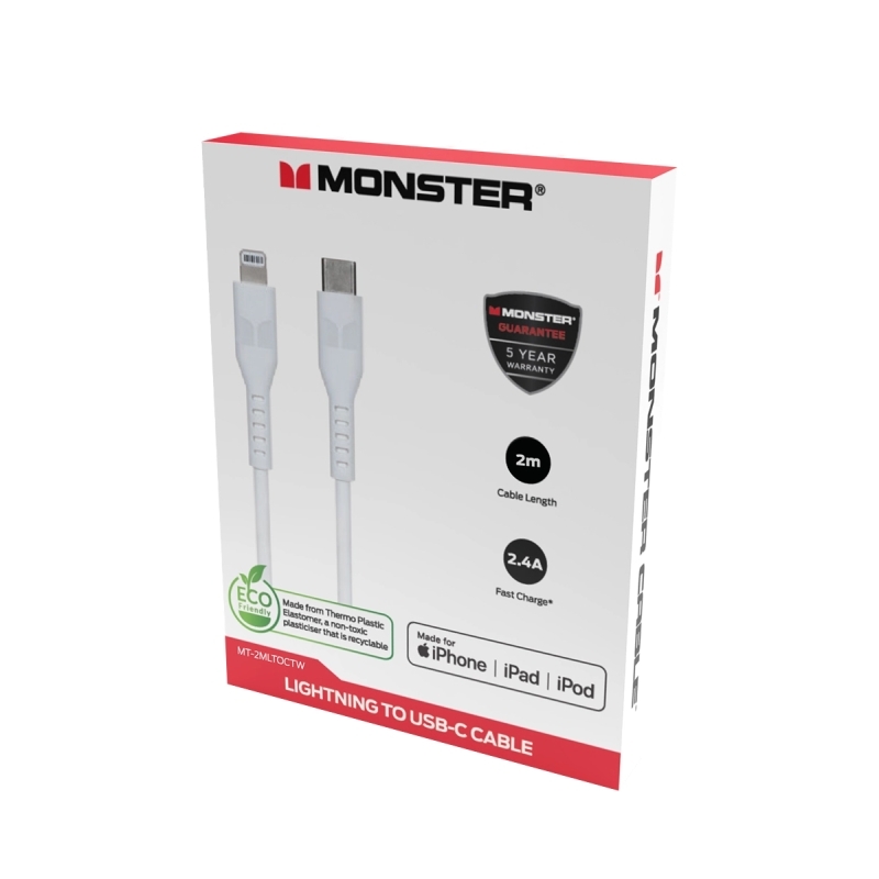 Monster Lightning to USB-C Thermo Plastic Elastometer Cable - White 2m