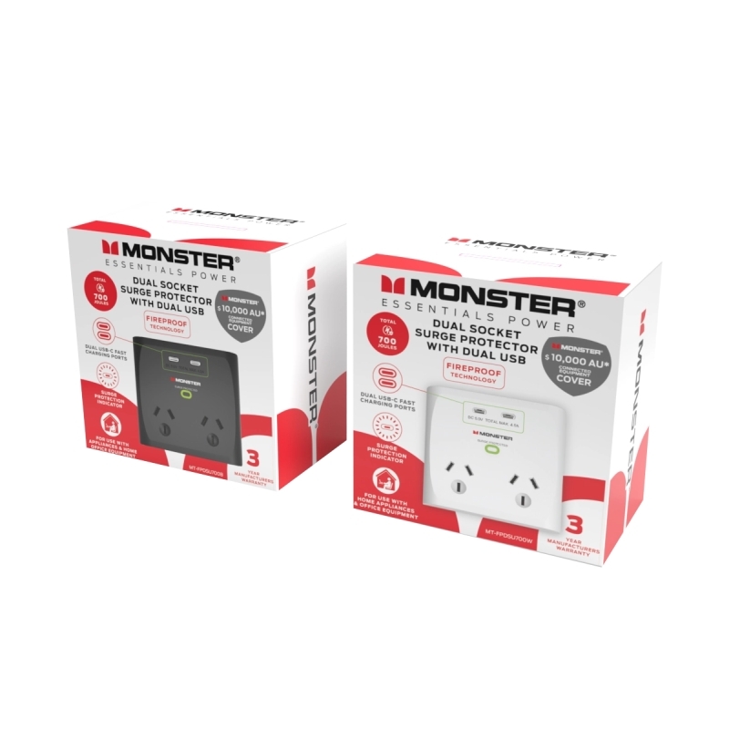 Monster Dual Socket Surge Protector with Dual USB-C Ports - Black