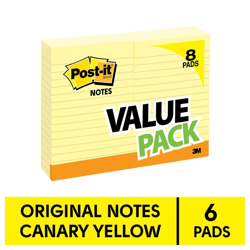 Post-It Lined Notes Canary Yellow 101 x 152mm 8-Pack