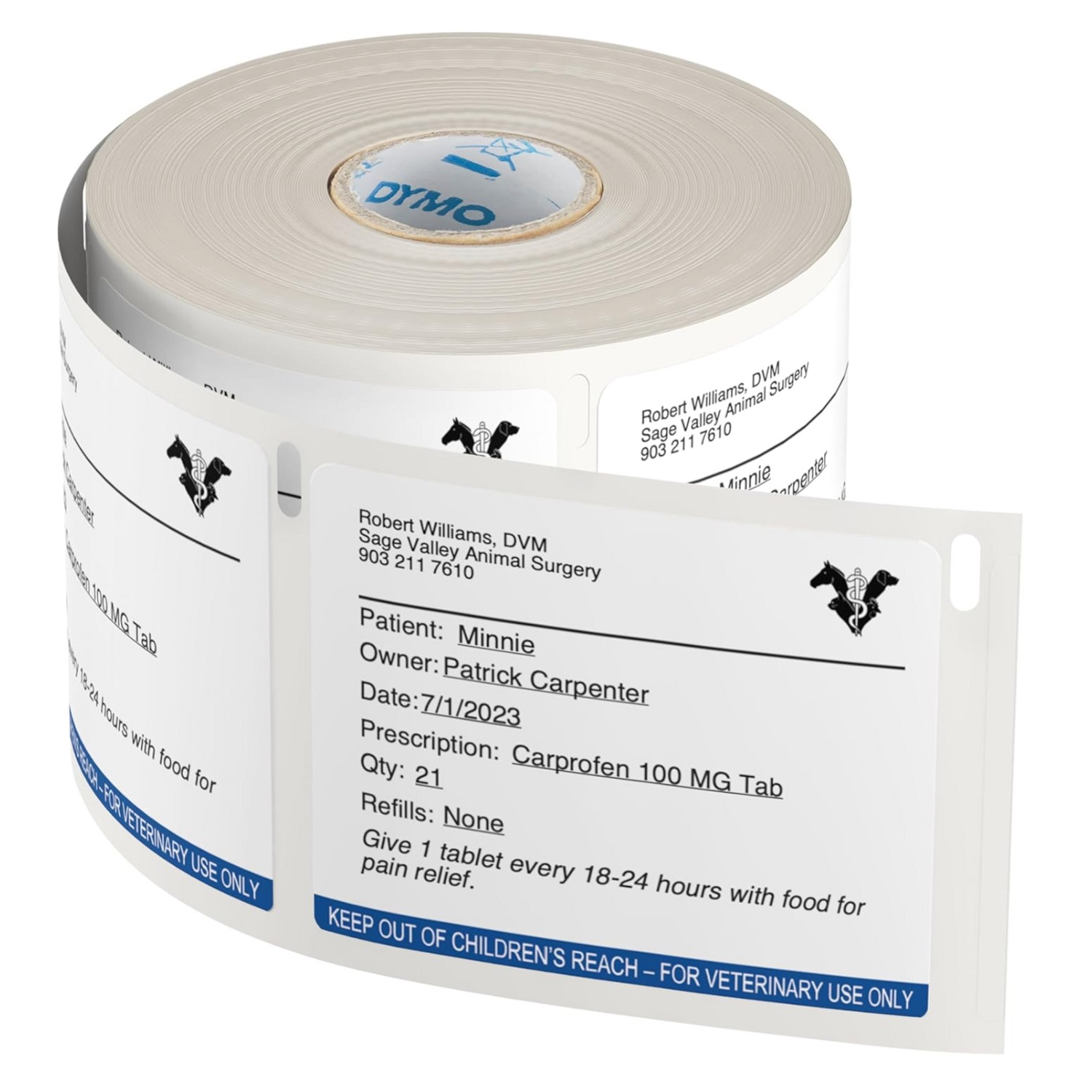 DYMO LabelWriter Veterinary Drug Labels - Pack of 6 - 70 x 54mm, 6 x 400 Labels