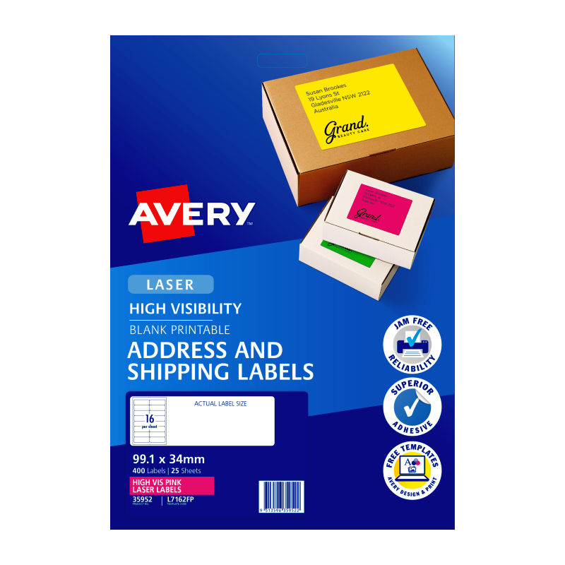 Avery Fluoro Pink High Visibility Shipping Labels - 99.1 x 34 mm 16UP - 400 Labels - 25 Sheets