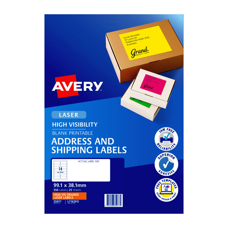 Avery Fluoro Orange High Visibility Shipping Labels - 99.1 x 38.1 mm - 350 Labels - 25 Sheets