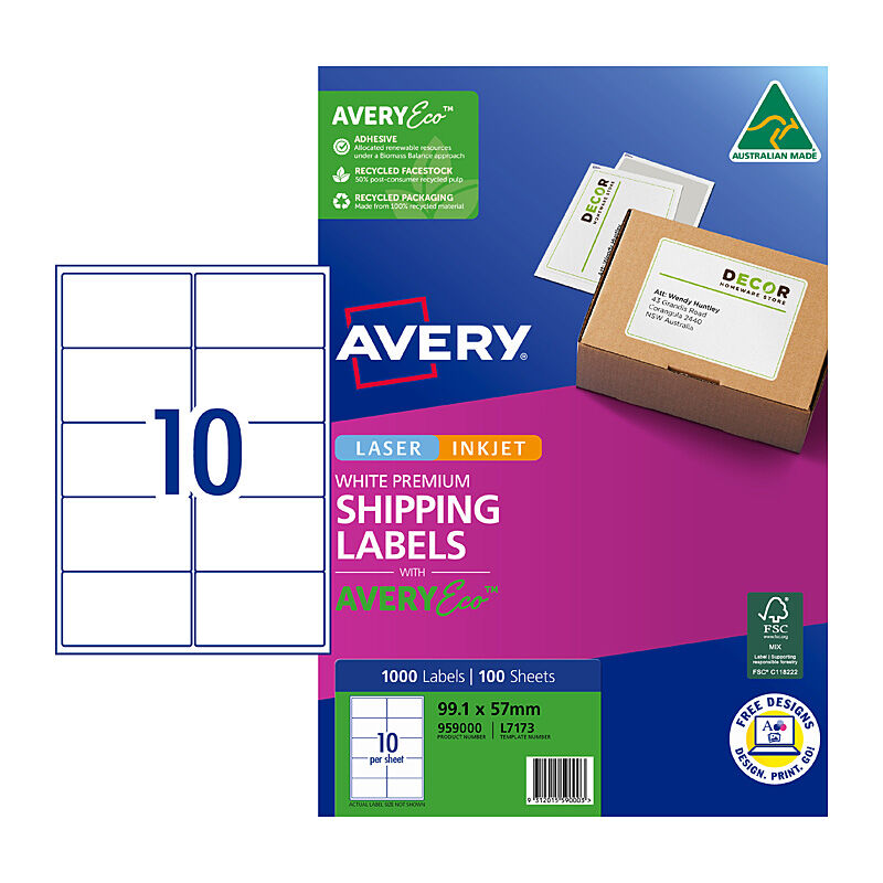 Avery Premium Shipping Labels with AveryEco L7173 - 99.1 x 57 mm 10UP - 1000 Labels - 100 Sheets