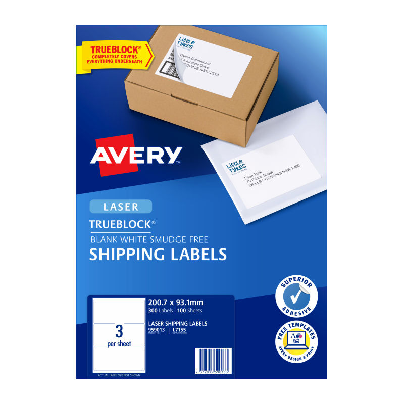 Avery Shipping Labels with Trueblock - 200.7 x 93.1 mm 3UP - 300 Labels - 100 Sheets
