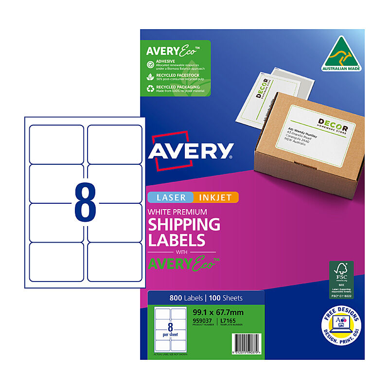 Avery Premium Shipping Labels with AveryEco L7165 99.1 x 67.7 mm mm 8UP - 800 Labels - 100 Sheets