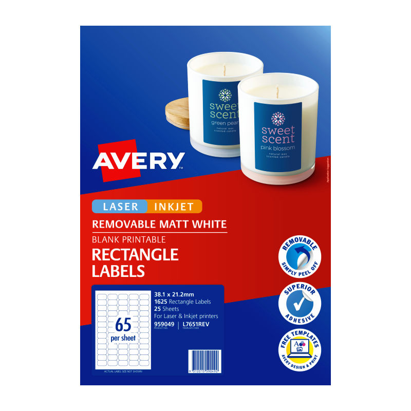 Avery Removable Multi-purpose Labels - 38.1 x 21.2 mm 65UP - 1625 Labels - 25 Sheets