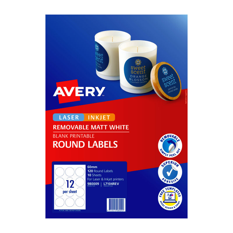 Avery Matt Round Labels - 60 mm 12UP - 120 Labels - 10 Sheets