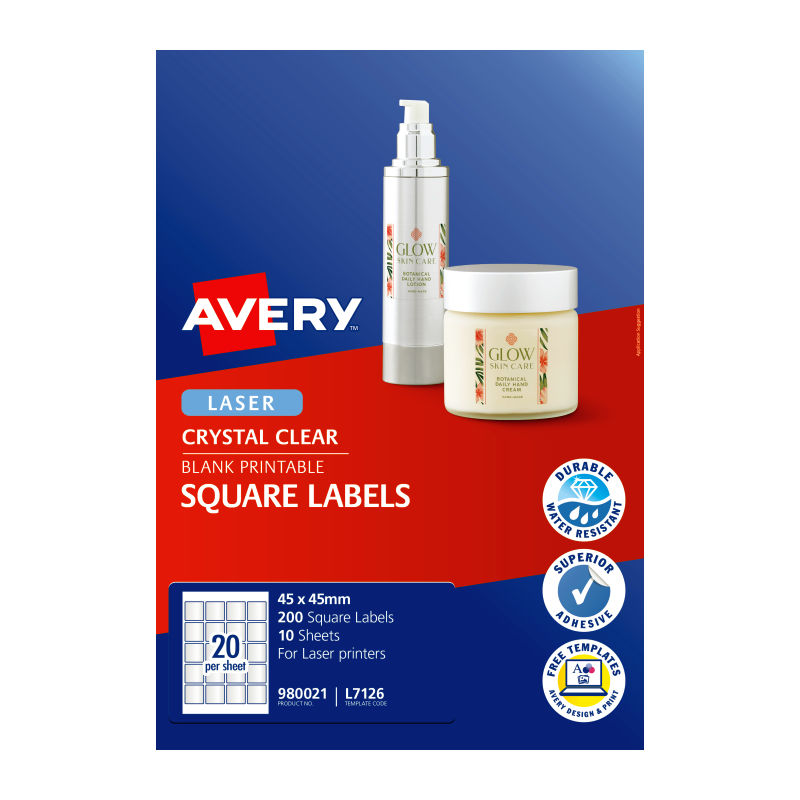 Avery Crystal Clear Square Labels - 45 x 45 mm 20UP - 200 Labels - 10 Sheets