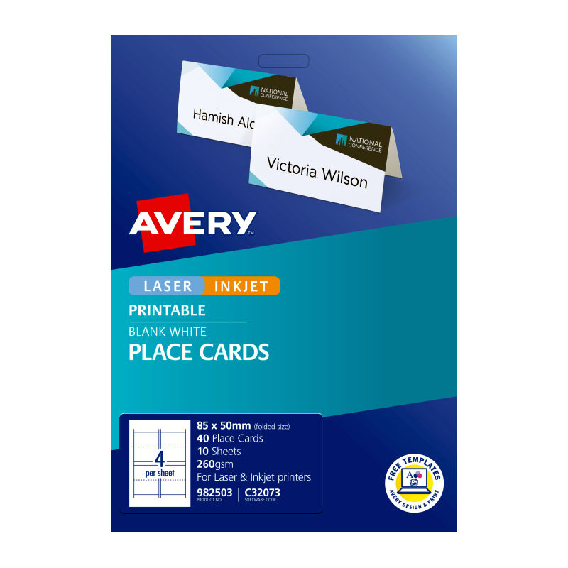 Avery Folded Place Cards - 85 x 50 mm 4UP - 40 Cards - 10 Sheets