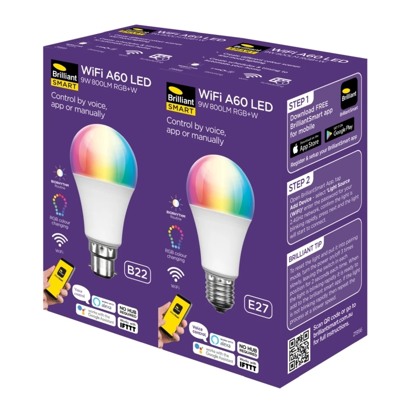 Brilliant Smart WiFi A60 LED RGB White Biorhythm Globe - Screw E27