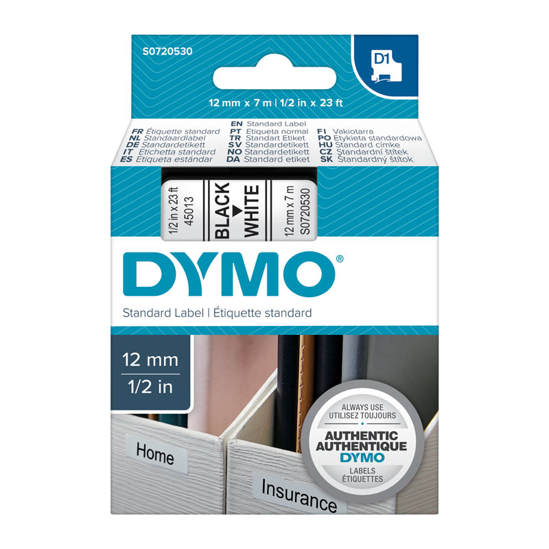 DYMO S0720530 Black on White D1 Label Tape - 12mm x 7m