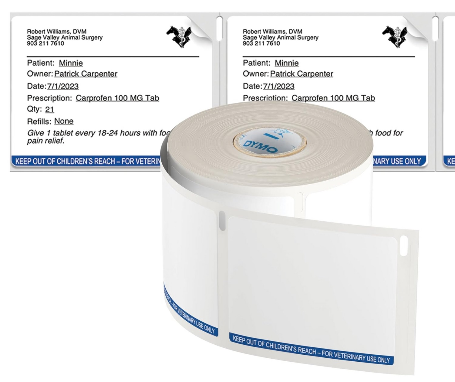 DYMO LabelWriter Veterinary Drug Labels - Pack of 6 - 70 x 54mm, 6 x 400 Labels