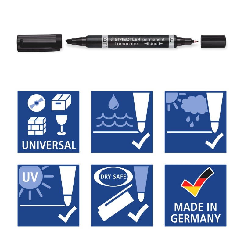 Staedtler Lumocolor Permanent Duo Markers Black, Box of 10