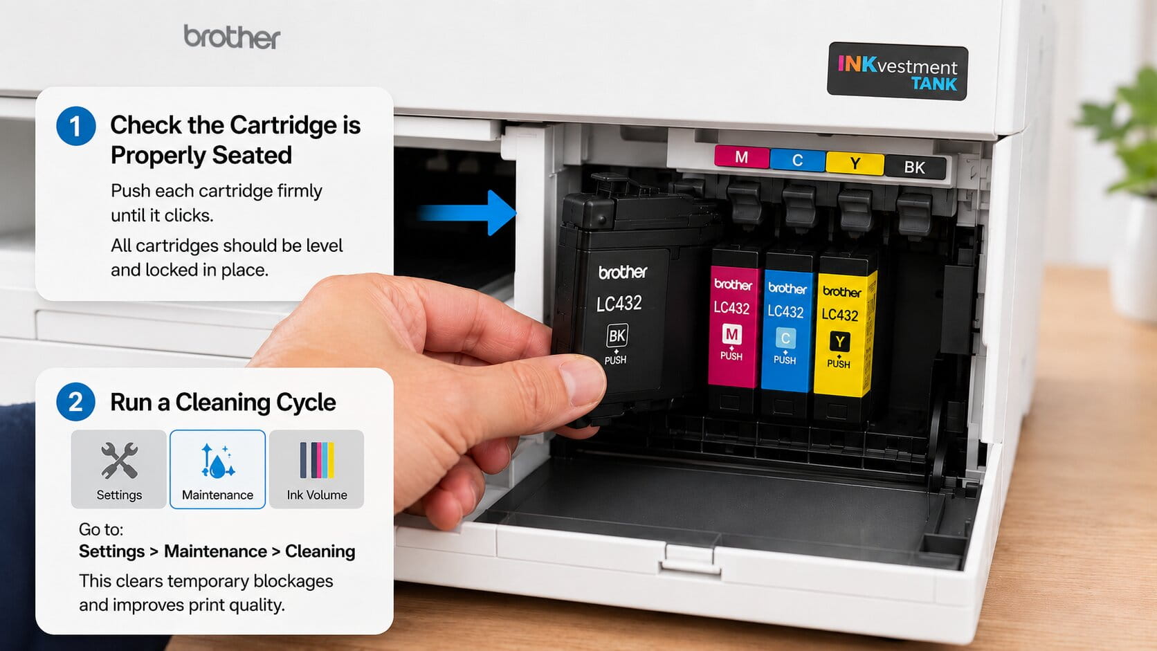 A person pressing a Brother LC432 ink cartridge firmly into place in the printer's cartridge carriage to check it is correctly seated.