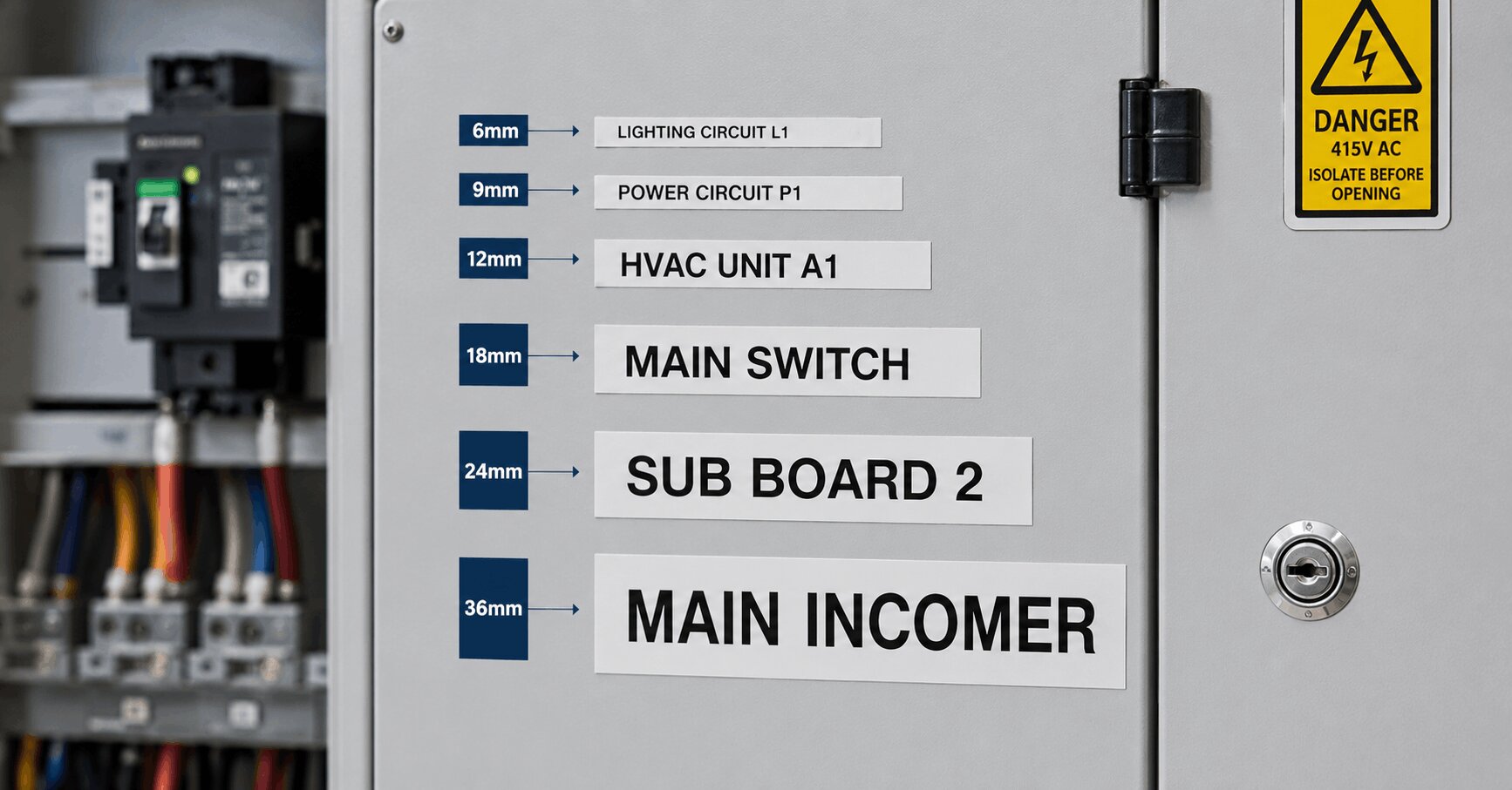 A real-world scale photo comparing Brother TZe tape widths from 6mm to 36mm applied to a metal commercial switchboard
