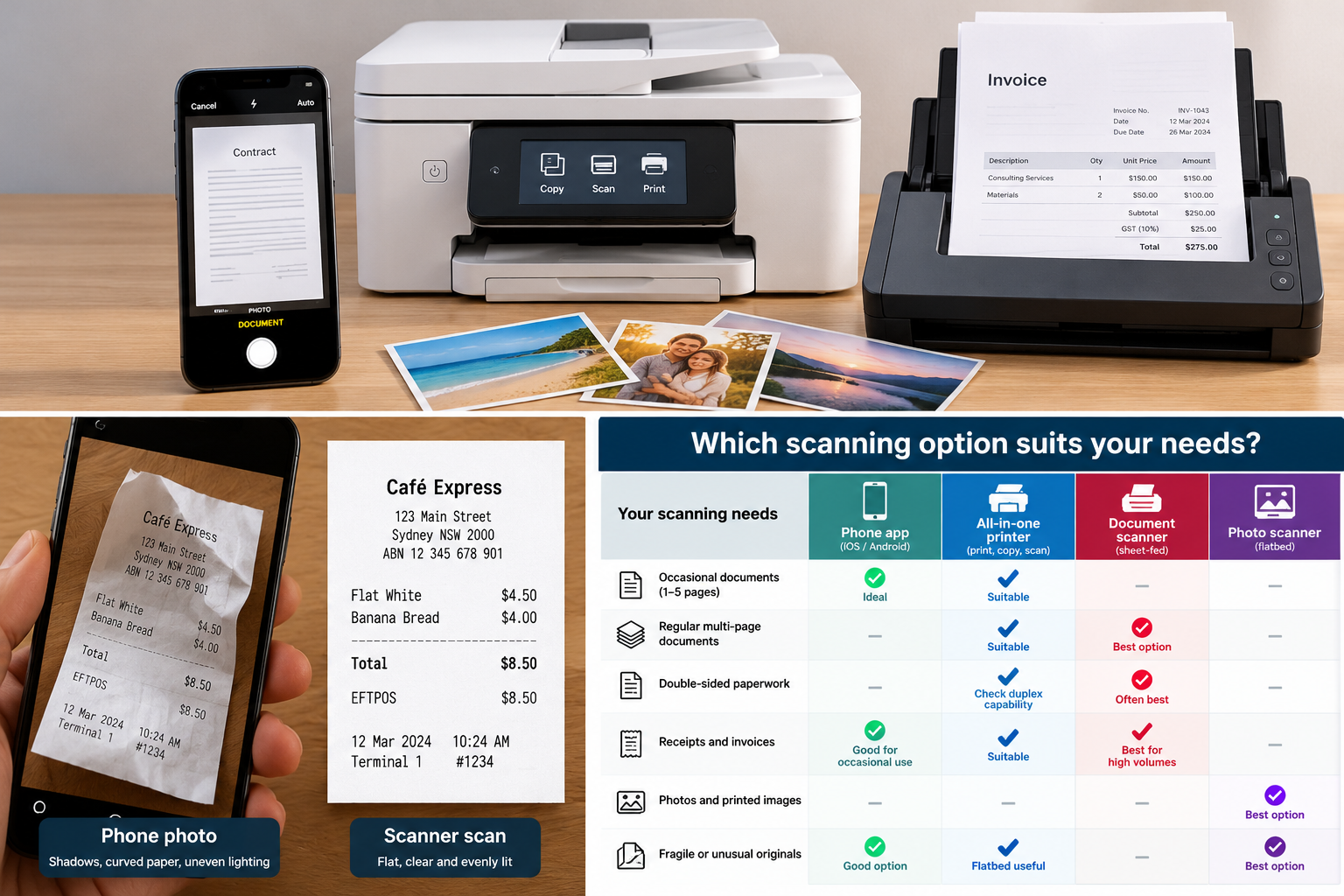 Decision chart matching scanning volume and paper type to a phone app, all-in-one printer, document scanner or photo scanner