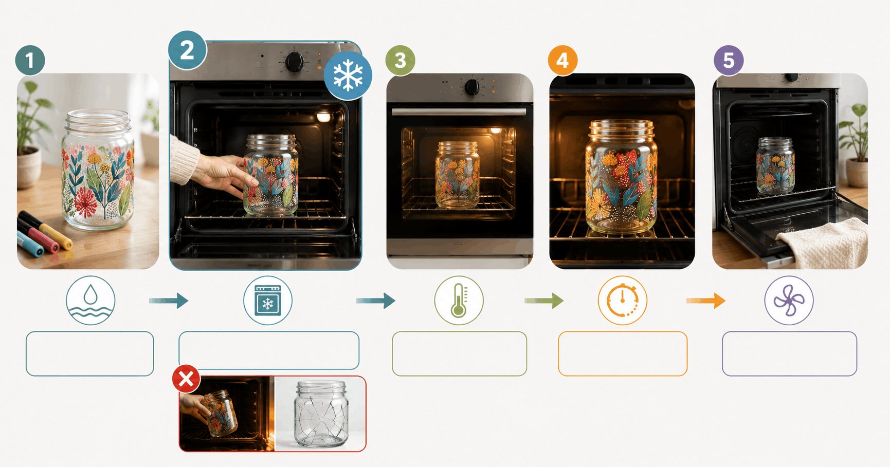 An informative timeline graphic outlining the steps for baking POSCA markers on glassware, emphasizing placing the item into a cold oven to prevent thermal shock fractures.
