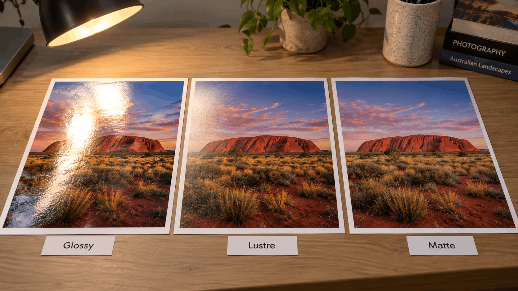 The same landscape photo printed on glossy, lustre and matte paper side by side under an angled desk lamp, showing glare on the glossy sheet
