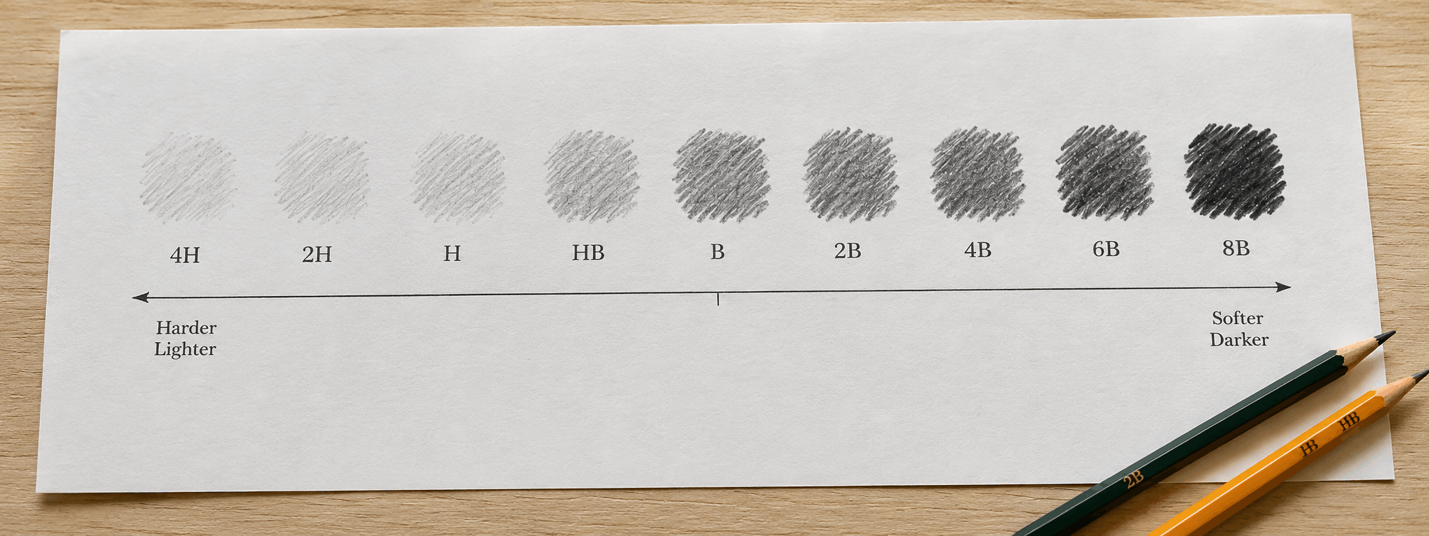 Pencil hardness scale from 9H to 9B showing HB at the midpoint