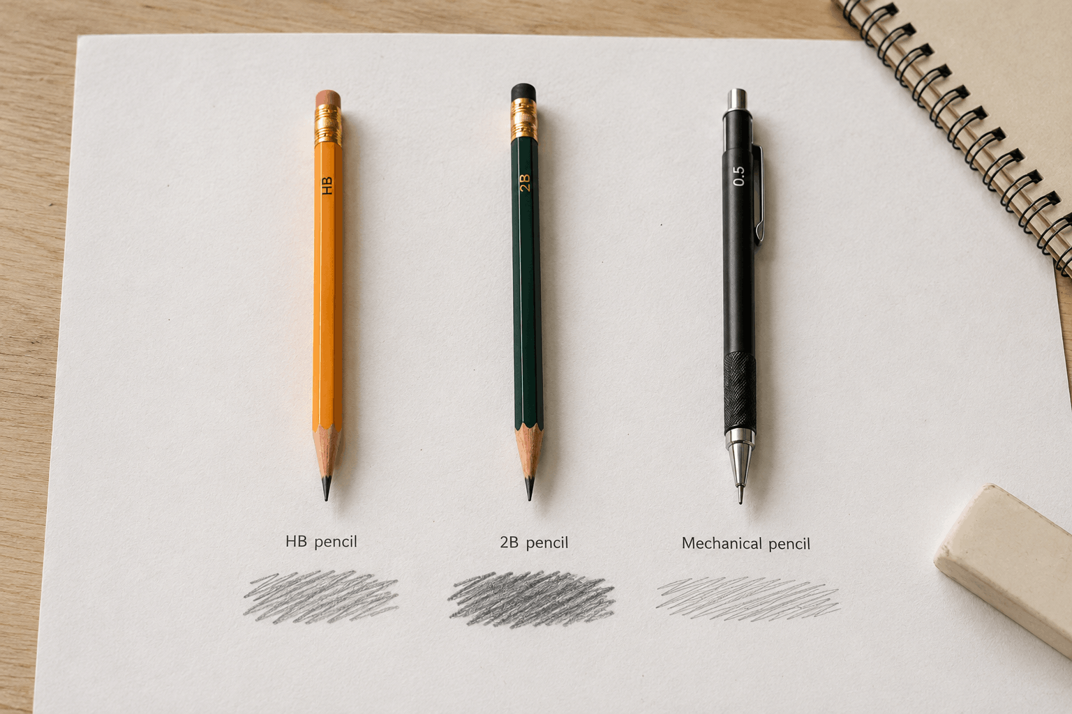 HB wood-cased pencil, 2B pencil and mechanical pencil side by side for comparison